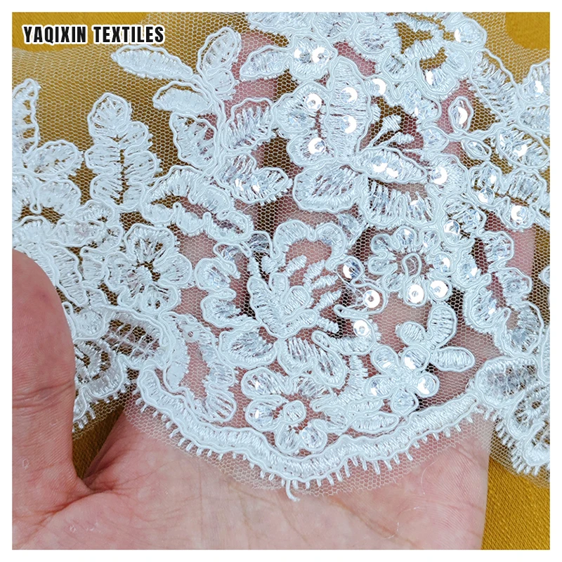 KFE004 Handmade 18cm Wide Sequin Embroidered Lace Trim White Wedding Dress Accessories Lace Trim
