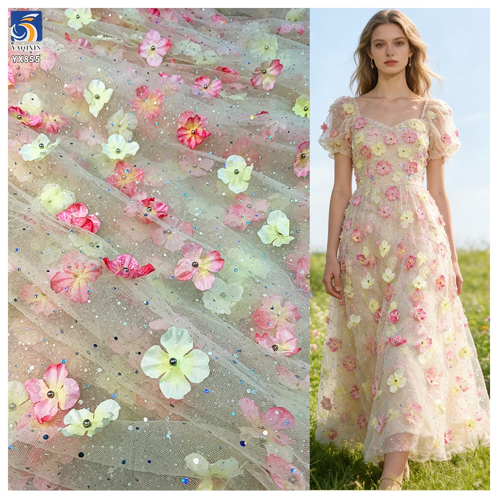 YX855 Beautiful 3D Glitter Tulle Polyester Colorful Butterfly Silver Glitter Mesh Tulle Fabric With Sequins 3D Butterfly