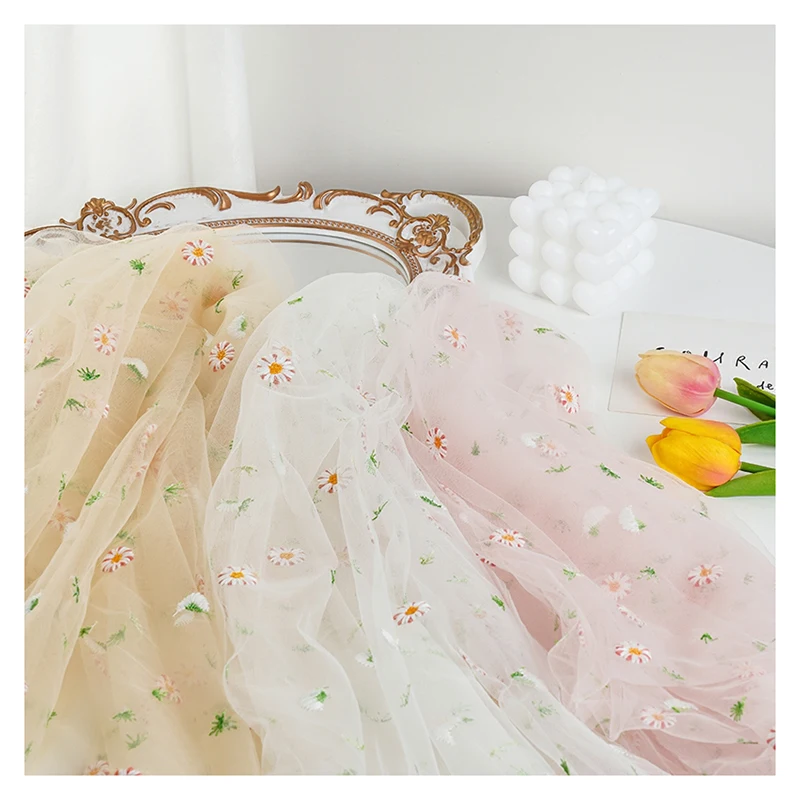 Beautiful Soft Floral Sunflowers Tulle Embroidered Fabric Lace Mesh Embroidered Fabric for Summer Dress - 图片 5