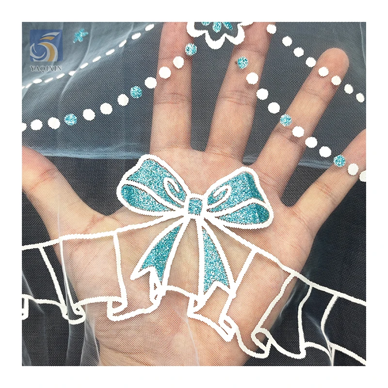 YX2672 New Design Frozen Princess Elsa Tulle Children Dress Fabric Azure Glitter Offset Printing Mesh Fabric - 图片 3