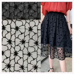 DX163 Fashionable Floral 100% Polyester Black Flocked Tulle Mesh Fabric With Flocking Velvet