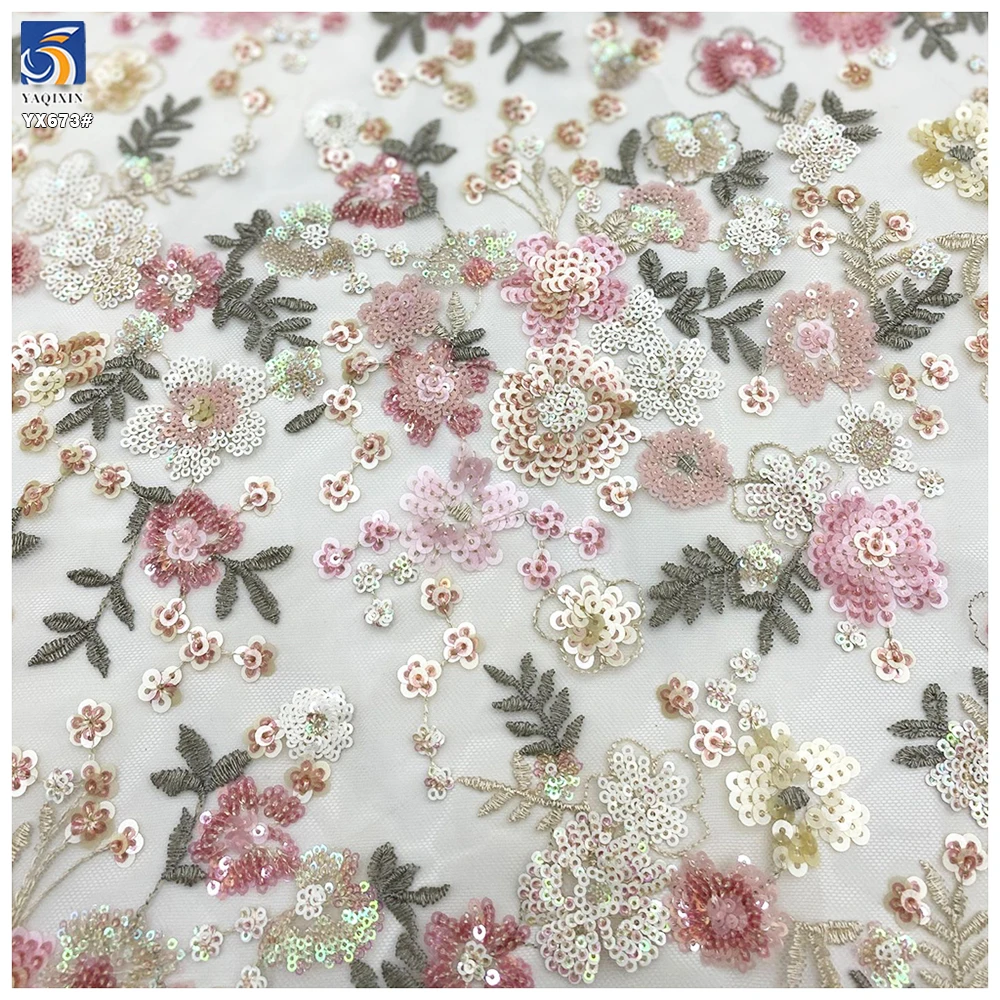 YX673 Luxury Colorful Polyester Floral Embroidery Lace Tulle Fabric for Women's Clothing Embroidered Floral Fabric - 图片 4