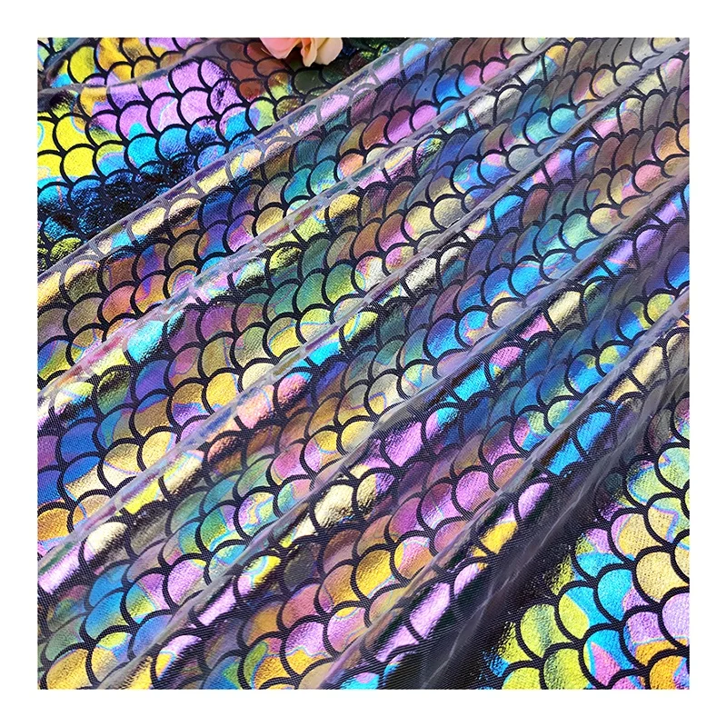 Colorful Fish Scale Laser Holographic Fabric Tulle Printed Mesh Fabric Wedding Dancewear Fabric - 图片 3