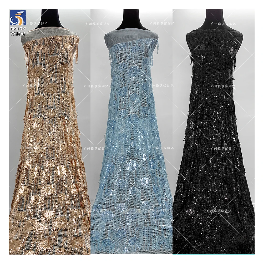 YX1088 300gsm Heavyweight Dress Tassel Sequin Net Fabric New European Knitted Poly Summer Skirt Tulle Sequin Fringe Fabrics - 图片 6