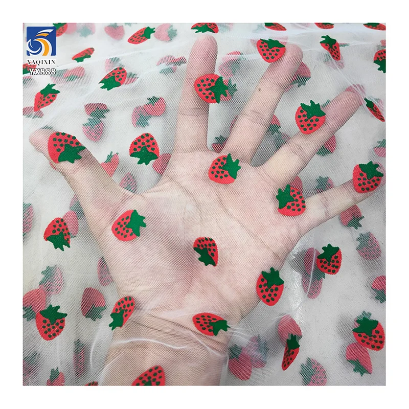 YX888 Summer Fruit Strawberry Print Fabric Polyester Tulle Mesh Strawberry Fabric for Clothing Skirt Little Girls 5 Yards