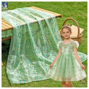 YX2241 Green Polyester Transparent Glitter Organza Fabric Custom Princess Anna Dress Baby Girl Clothing Skirts Fabric