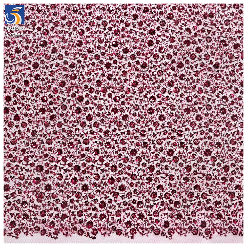 YX2379 Gold Beaded Sequin Mesh Embroidery Tulle Lace Fabric Polyester Floral Design 3mm Shiny Sequin Embroidery Fabric - 图片 3