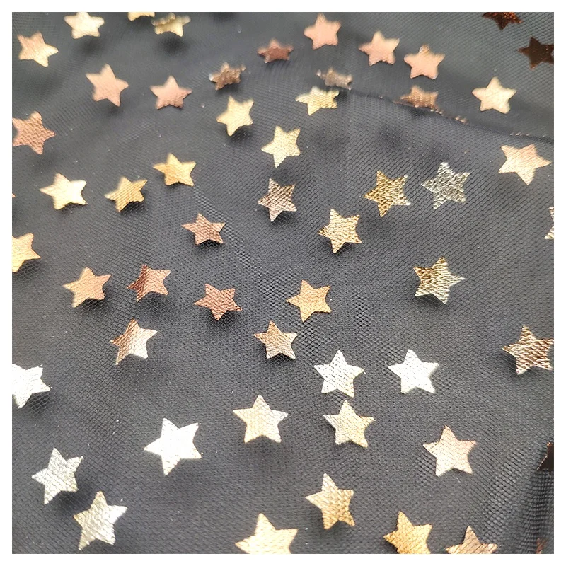 Golden Five-Pointed Star Pattern Bronzing Film Foil Tulle Mesh Fabric - 图片 4