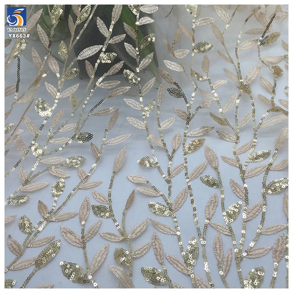 YX663 Vibrant Leaf Pattern Sequined Fabric Polyester Mesh Tulle Sequins Lace Fabric for Fashion and Evening Dress - 图片 6