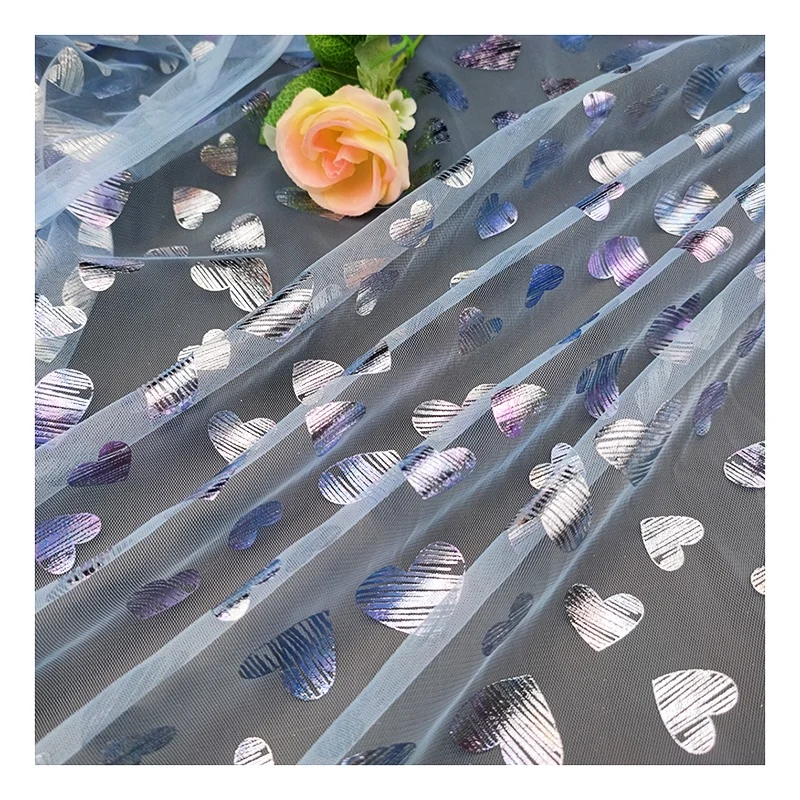 KT008 Valentine's Day Polyester Heart Tulle Fabric Customized Foil Printed Glitter Tulle Heart Fabric for Dress
