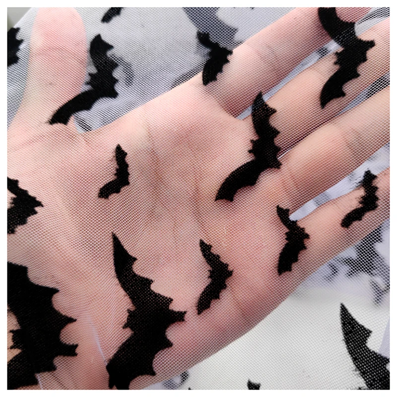 New Design Fancy Children Tulle Fabric Flocking Halloween Black Bat Mesh Fabric - 图片 5