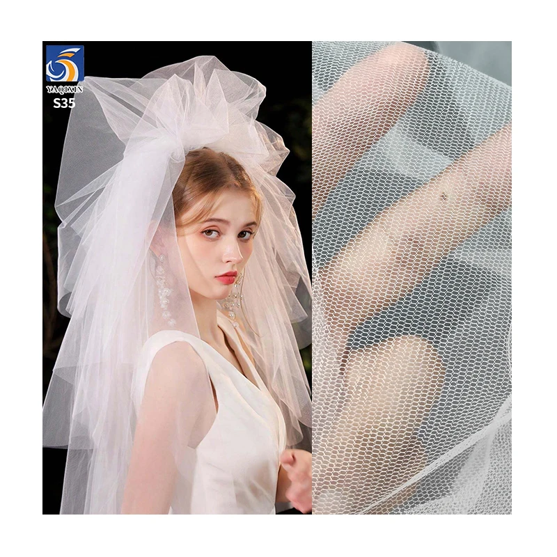 S35 20gsm Transparent Strengthen Plain Knit Polyester Mesh Tulle Fabric White Wedding Veil Bride Fabric Tulle