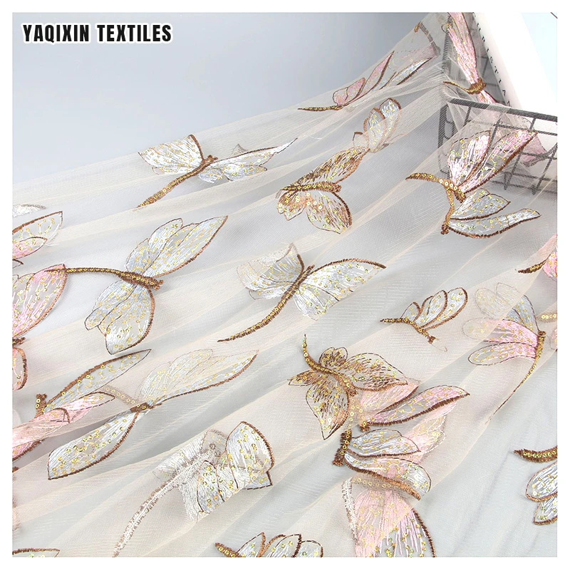 Beautiful Dragonfly Pattern Sequin Tulle Embroidery Fabric Dress 100% Polyester Mesh Sequins French Lace Fabric - 图片 3