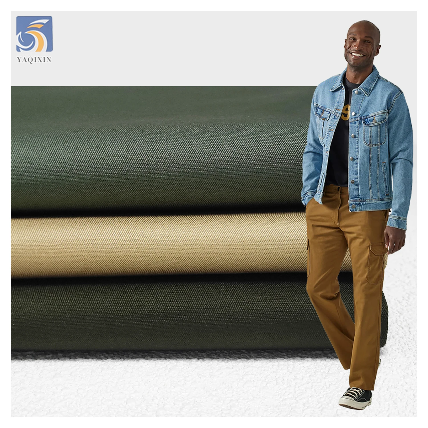 A2272 Khaki 255gsm Washed Polyester Cotton Spandex Stretchy Fabric 32*16 Twill Mercerized Cotton Fabric for Trousers
