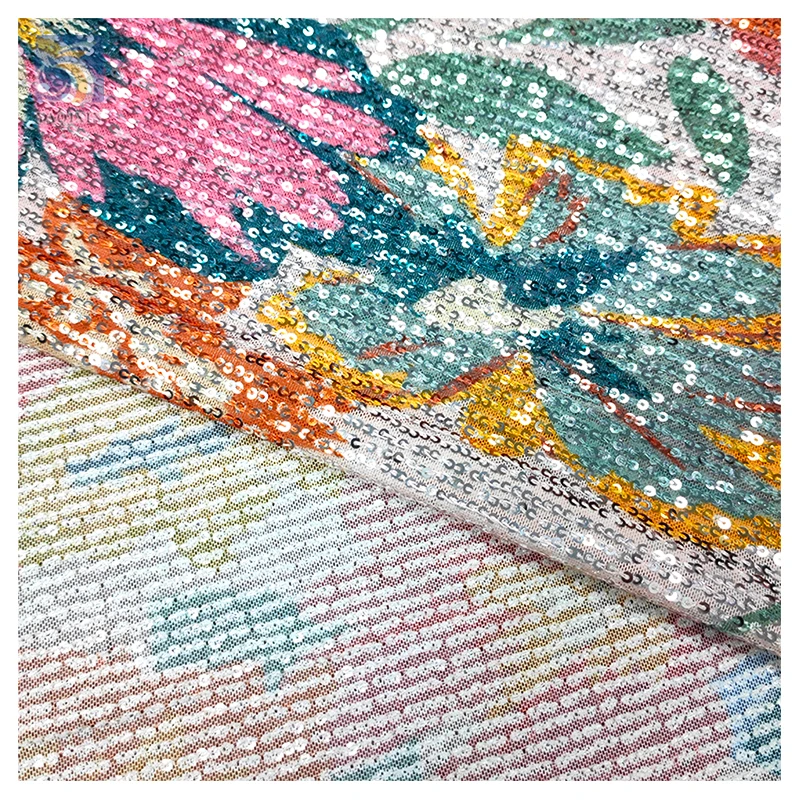 OEM&ODM Custom Colorful Flowers Printed Sequins Fabric Stripe 3mm Glitter Sequin Fabric for Woman Dress - 图片 6