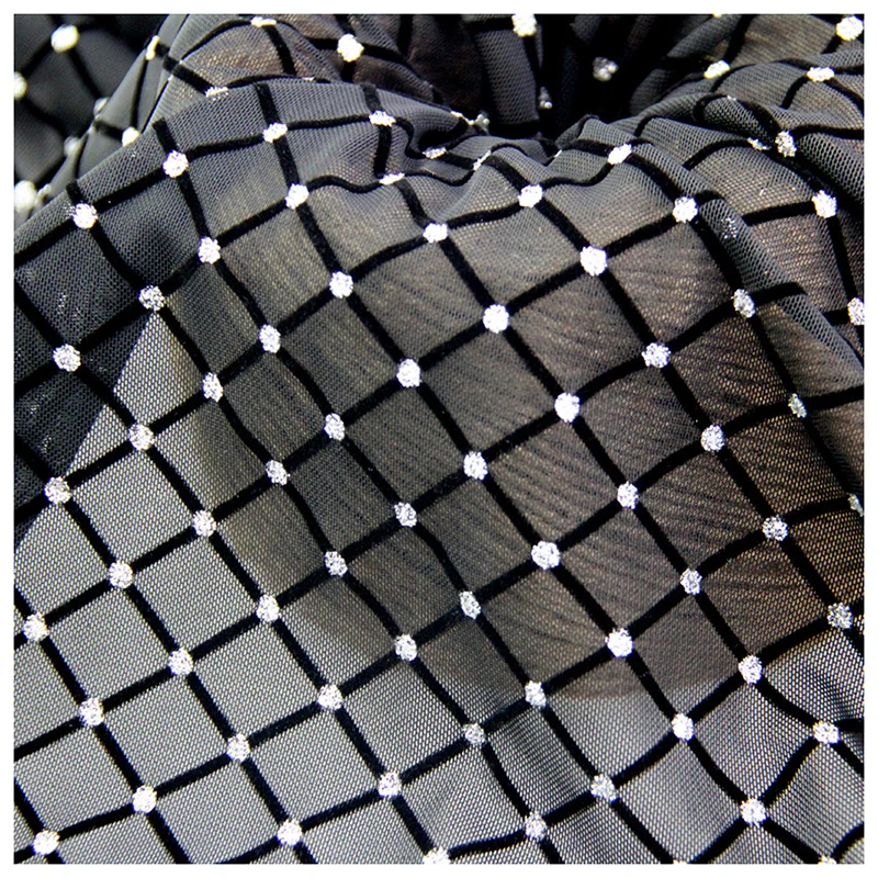 Hot Women Black Lace Dress Fabric Nylon Tulle Flocking Stretch Mesh Fabric - 图片 6