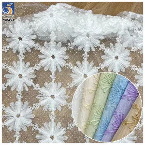 YX527 American White Chiffon Embroidery Fabric for Cheongsam Polyester 3D Embroidery Flowers Chiffon Fabric With Dots