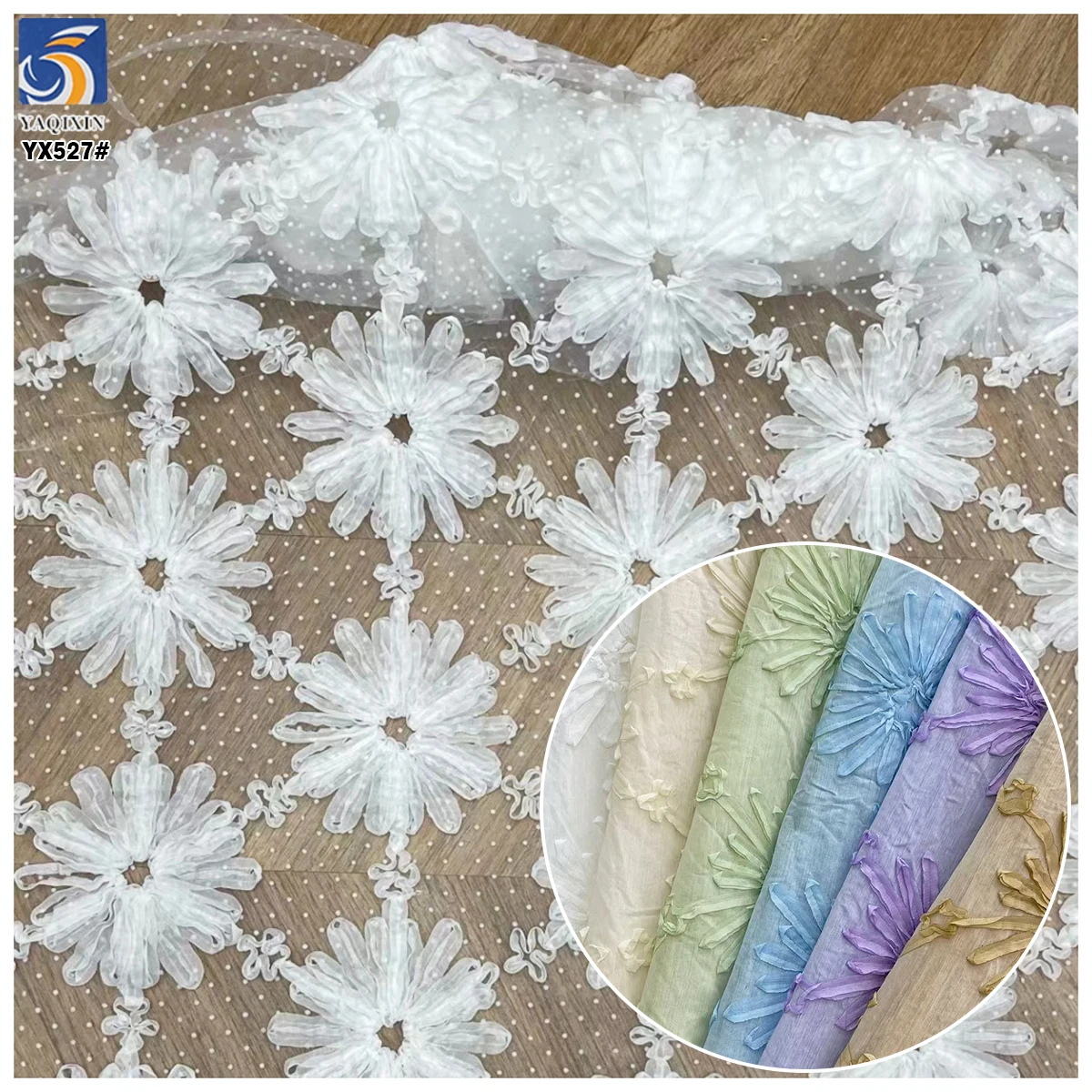 YX527 American White Chiffon Embroidery Fabric for Cheongsam Polyester 3D Embroidery Flowers Chiffon Fabric With Dots