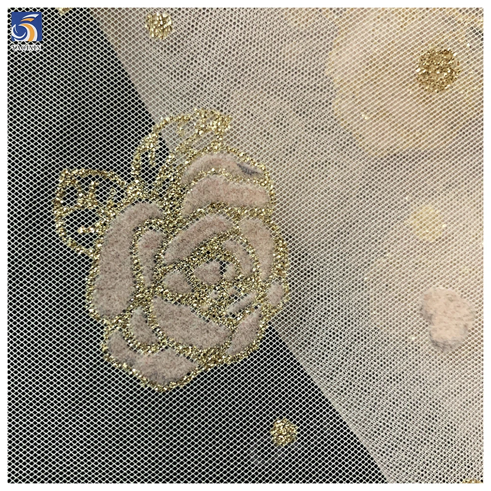 Latest Flashy Tulle Fabric Black Gold Glitter Rose Flowers Flocked Mesh Fabric Tulle 5 Yards High Quality - 图片 6