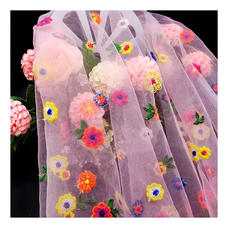 Hot Colorful 3D Floral Tulle Mesh Embroidered Fabric Lace Woman Dress Fabric Summer - 图片 4