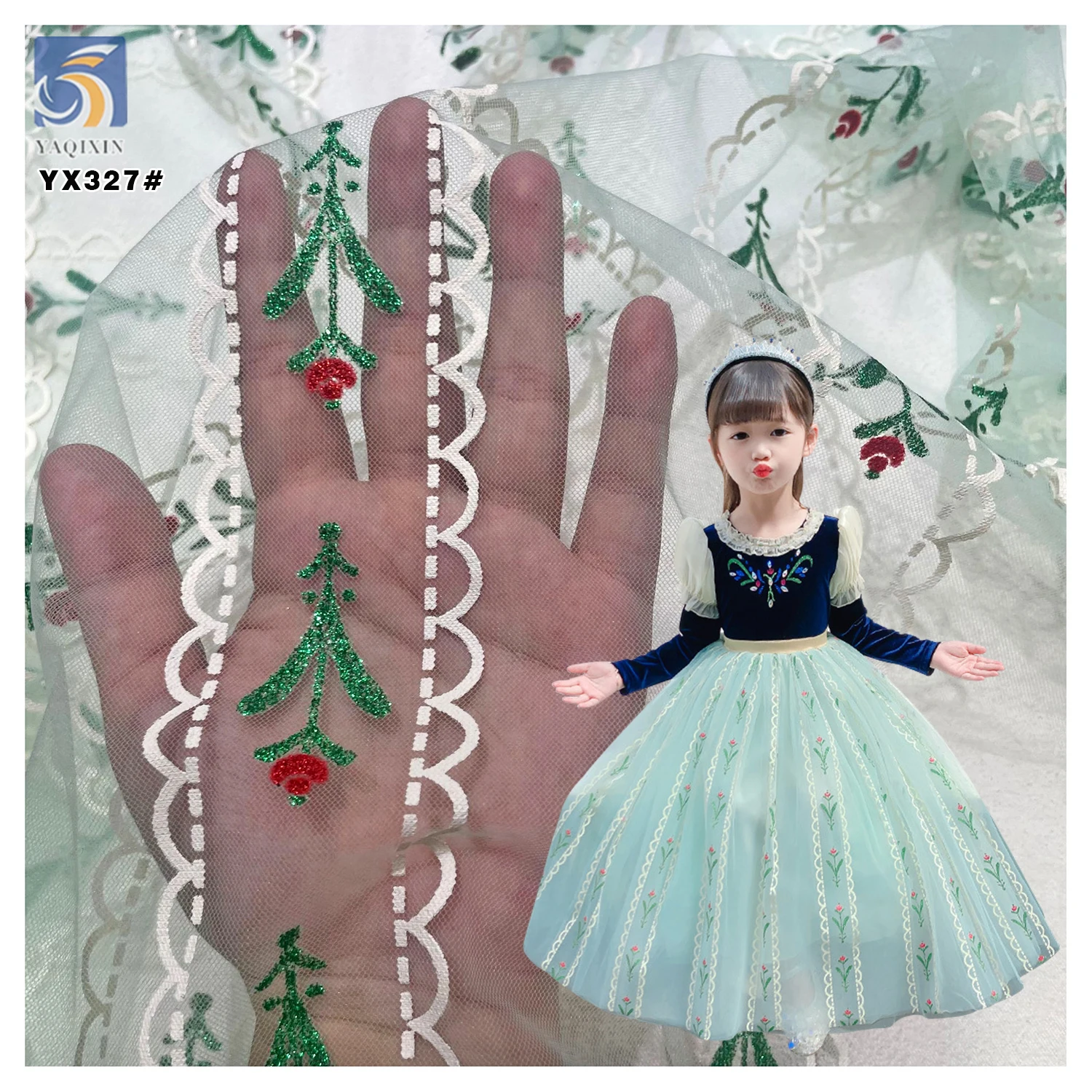YX327 American Cartoon Snow Princess Anna Princess Skirt Fabric Glitter Print Polyester Soft Light Green Tulle Fabric - 图片 4