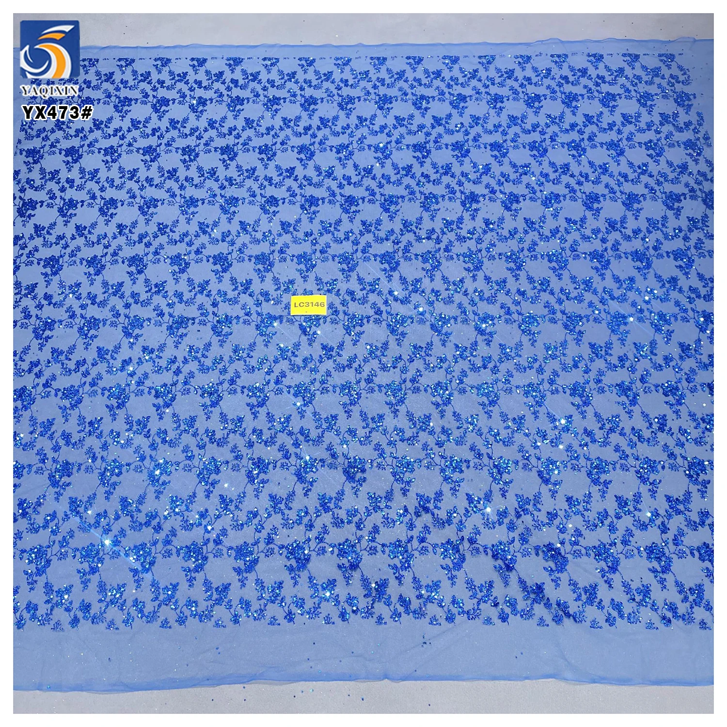 YX473 Noble Design Polyester Soft Mesh Tulle Fabric With Glitter Sequin Sapphire Blue Glitter French Tulle Fabric - 图片 4