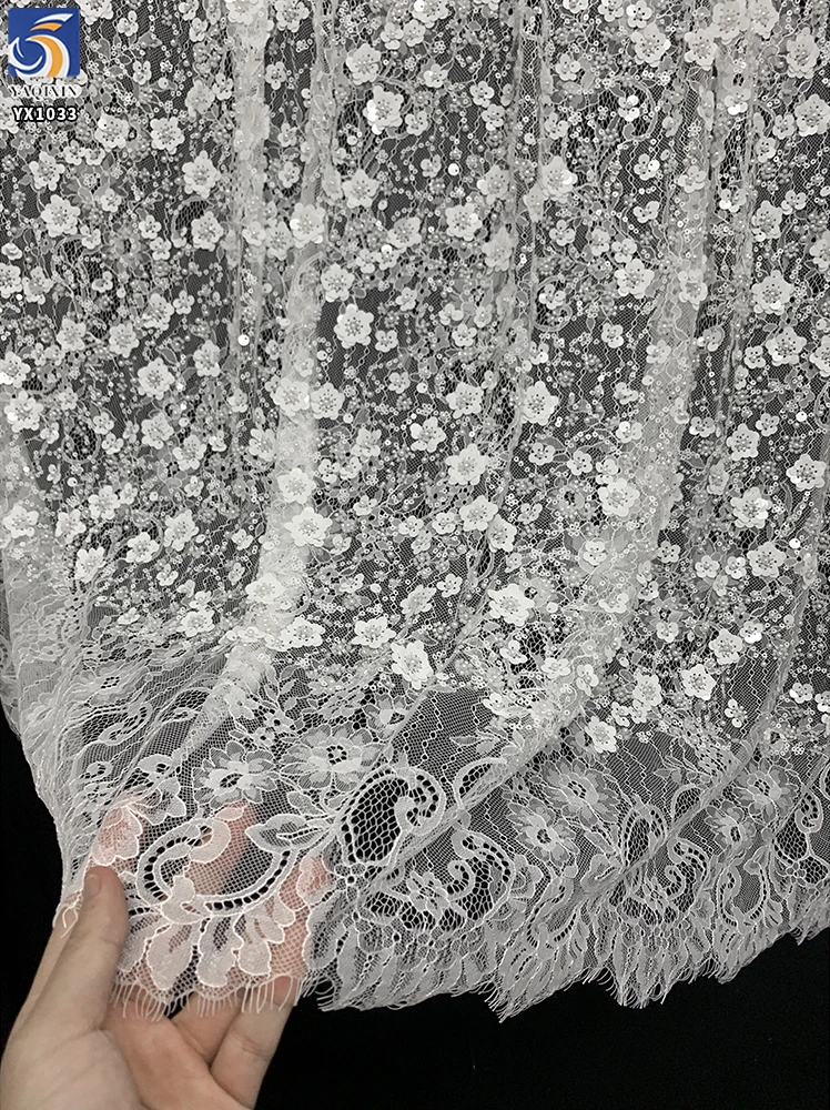 YX1033 New Materials 300CM*150CM Florals Sequins Beads Pearls 3D White Eyelash Lace Fabric for Women's Party Dress Wedding - 图片 5