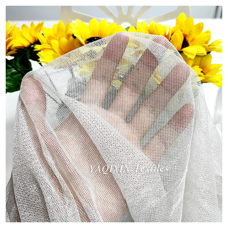 High Quality 95% Nylon 5% Spandex Stretch Knitted 6430 Mesh Tulle Fabric Shimmer White Tulle Wedding Dress Bridal Fabric - 图片 5