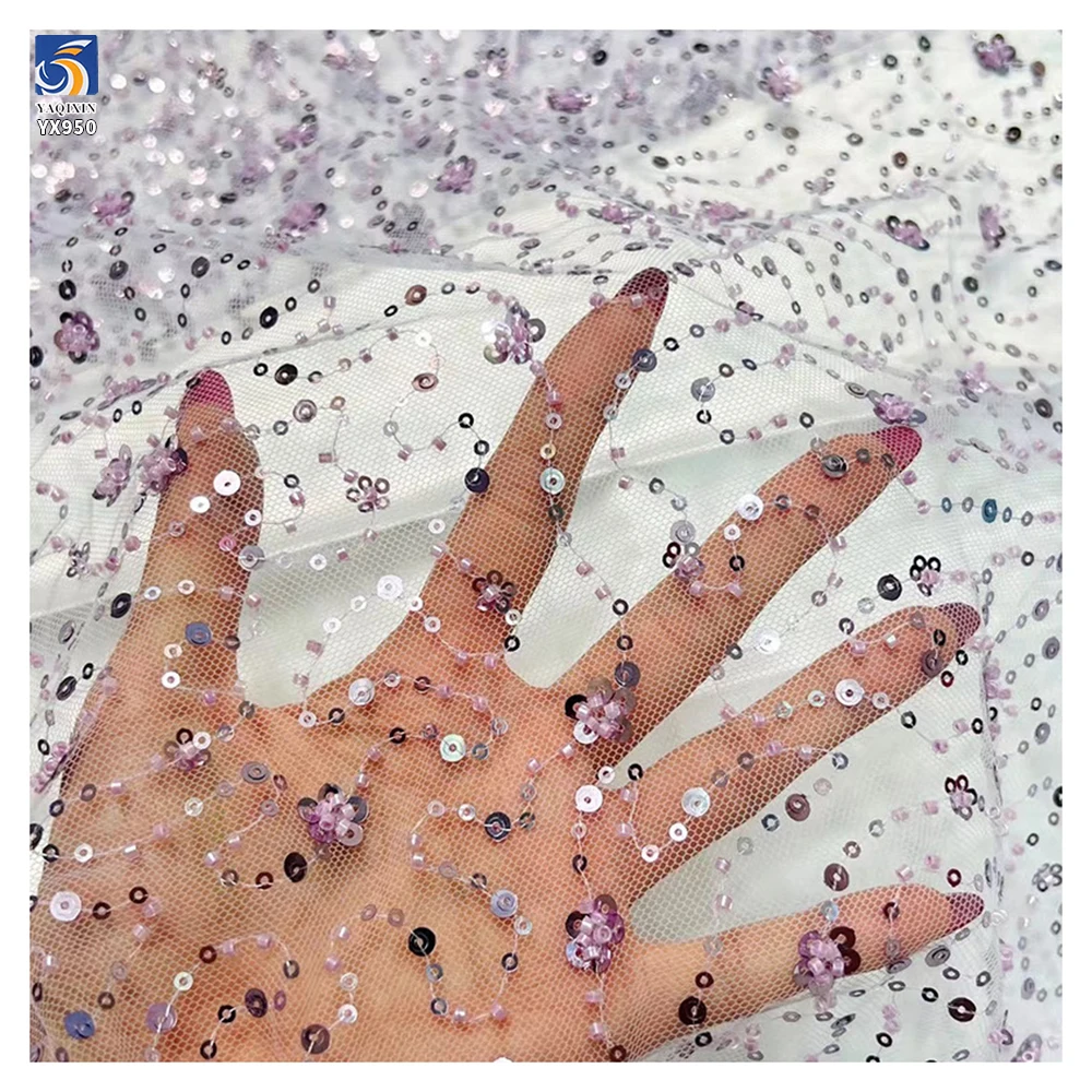 YX950 Cheap Embroidery Multicolor Sequins Beads Lace Fabric Textiles Online Wholesale Mesh Sequins Embroidered Lace Fabric - 图片 2