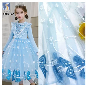 YX2672 New Design Frozen Princess Elsa Tulle Children Dress Fabric Azure Glitter Offset Printing Mesh Fabric