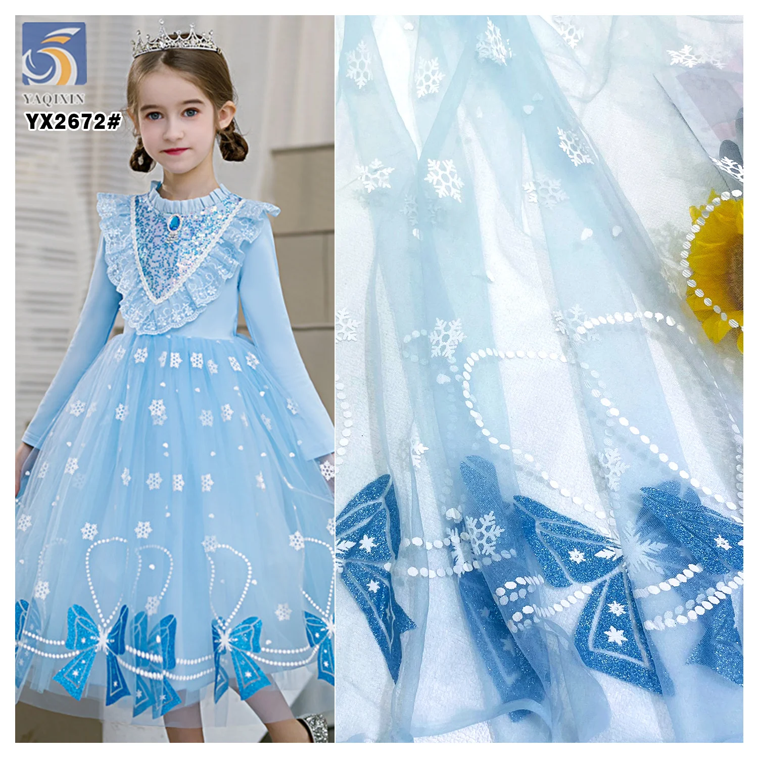 YX2672 New Design Frozen Princess Elsa Tulle Children Dress Fabric Azure Glitter Offset Printing Mesh Fabric