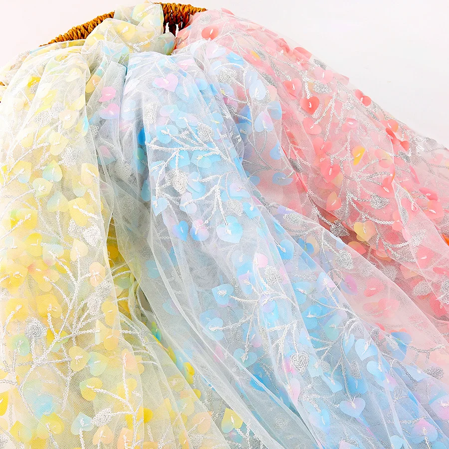 Reasonable Price Silver Glitter Lace Fabric 3D Heart Mesh Tulle Embroidered Fabric Textiles Clothing Dress - 图片 3