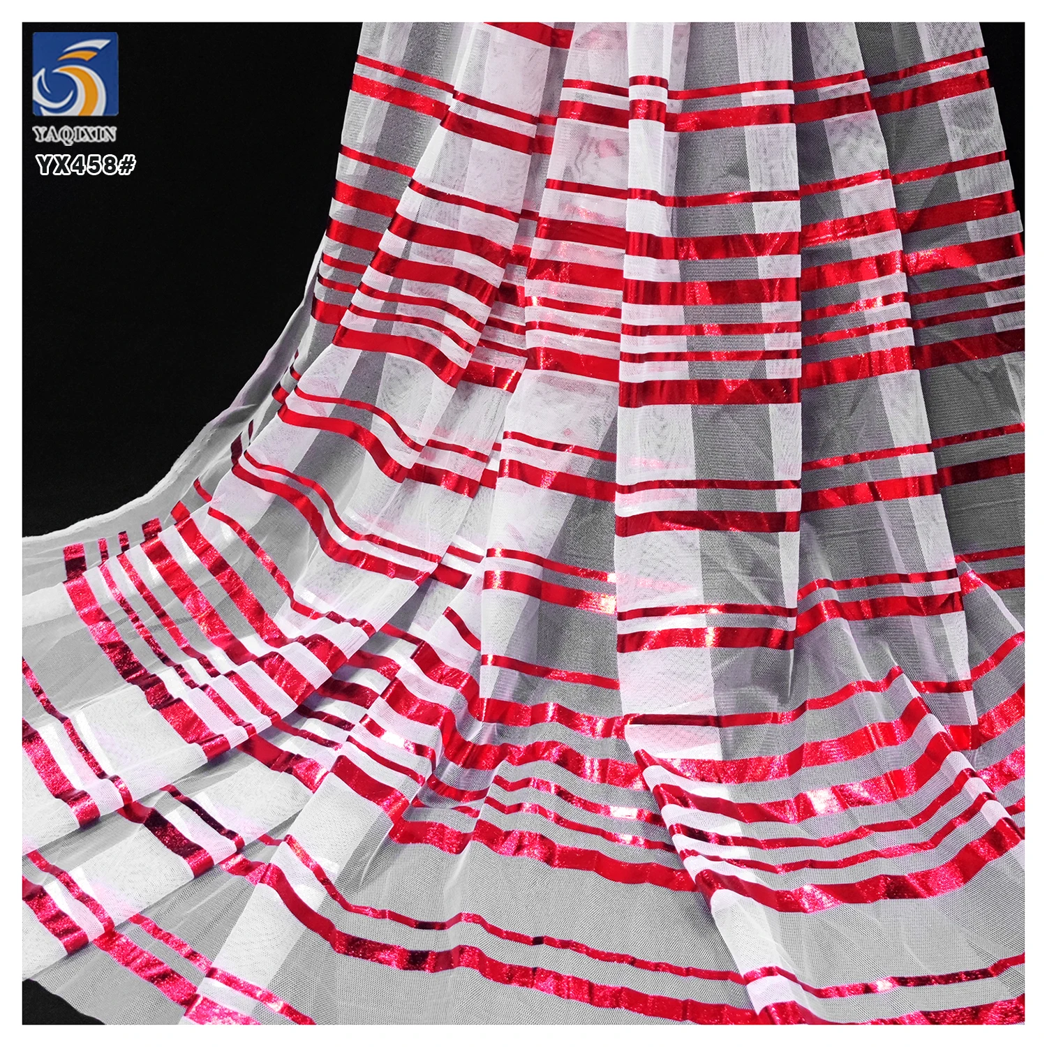 YX458 New Stripes Tulle Hot Foil Stamping Print Polyester Mesh Christmas Striped Fabric Candy Cane Stripes Tulle Fabric - 图片 5