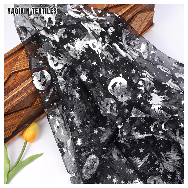 New Pumpkin Bat Spider Web Printed Tulle Mesh Fabric Black Polyester Gold Silver Glitter Print Tulle Fabric Halloween