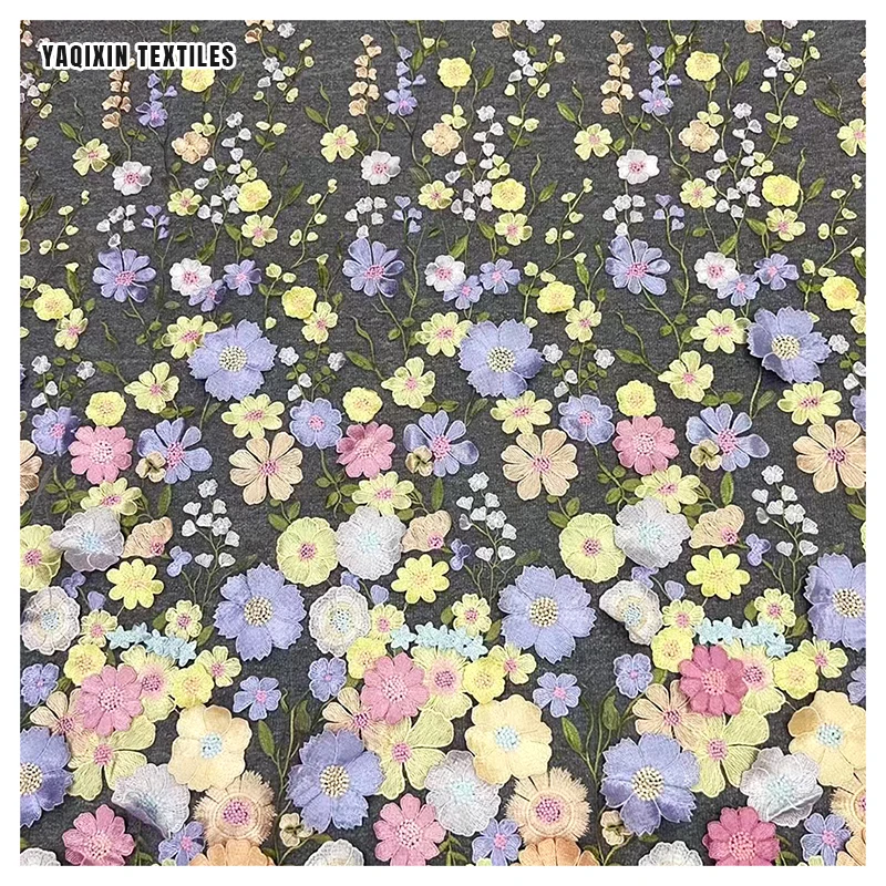 China Manufacturer High-End Handmade Embroidery Lace Fabric French Colorful Flower Material Mesh Lace Fabric - 图片 6