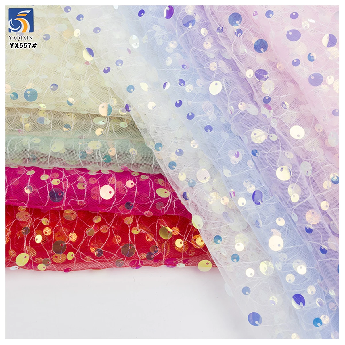 YX557 2025 New Design Multi-Color Polyester Embroidery Mesh Sequin Fabric Transparent Sequins 9 mm 5 mm Fabric - 图片 5