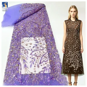YX1519 300gsm Sequin Beaded Embroidery Fabric Purple Floral Sequin Embroidery Lace Fabric for Prom Dress and Evening Gown