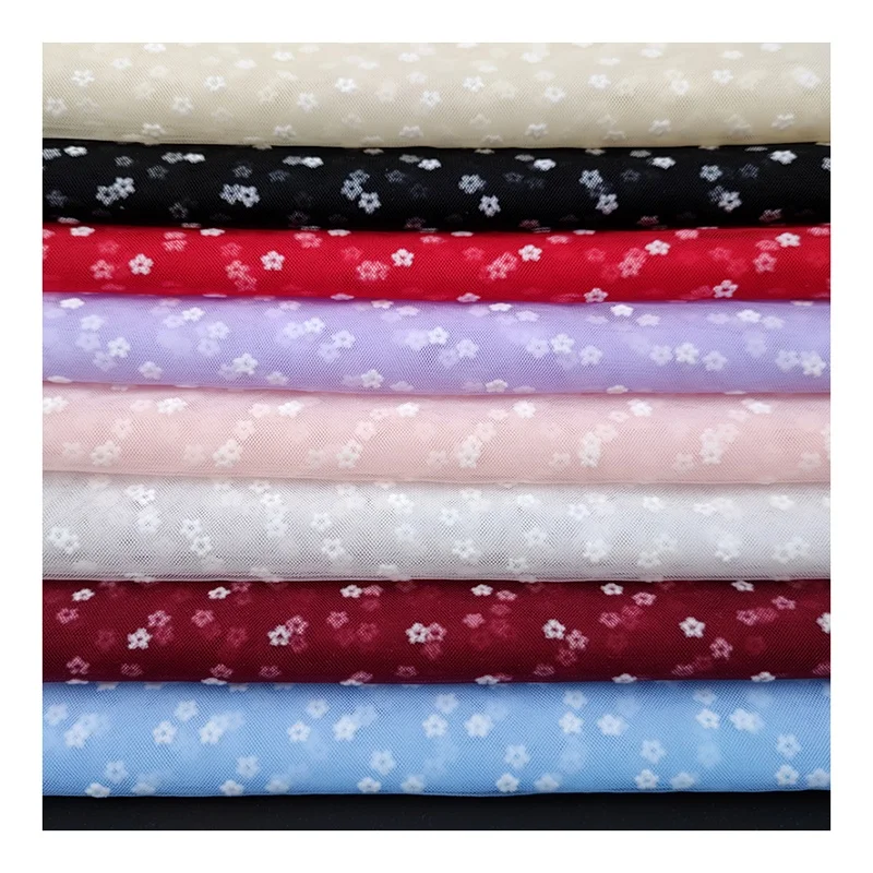 DX158 Hot White Soft Small Floral Flocked Tulle Mesh Fabric Nylon Tulle for Dress - 图片 3