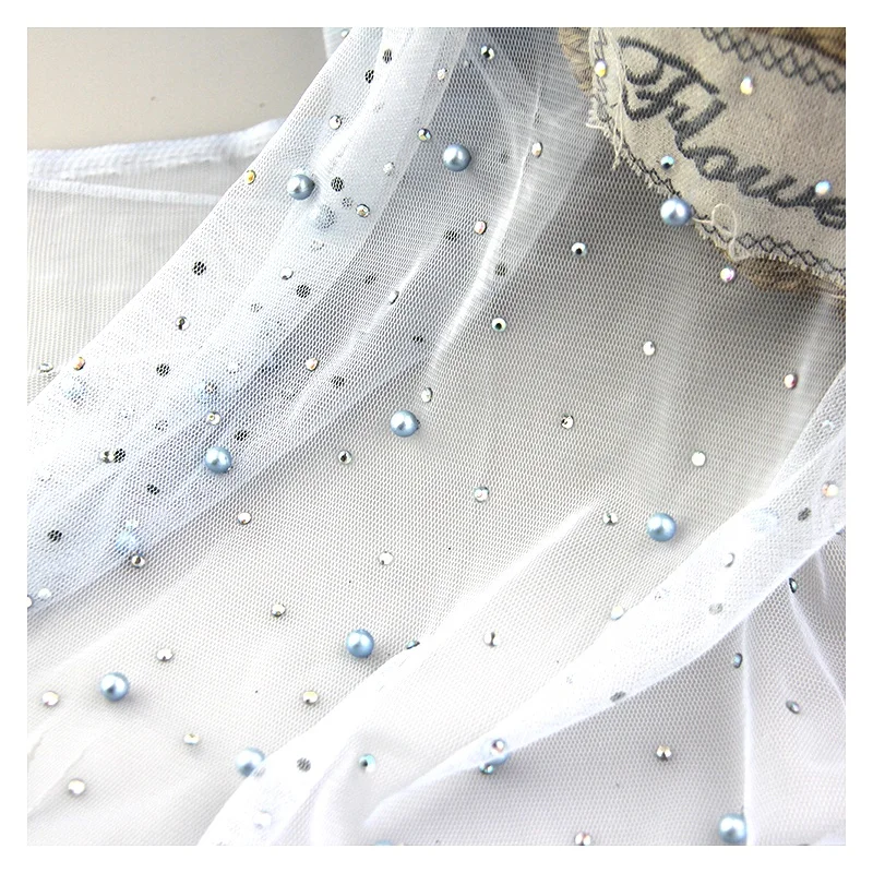 Luxurious Bead Wedding Tulle Mesh Lace Fabric with Pearl Diamond