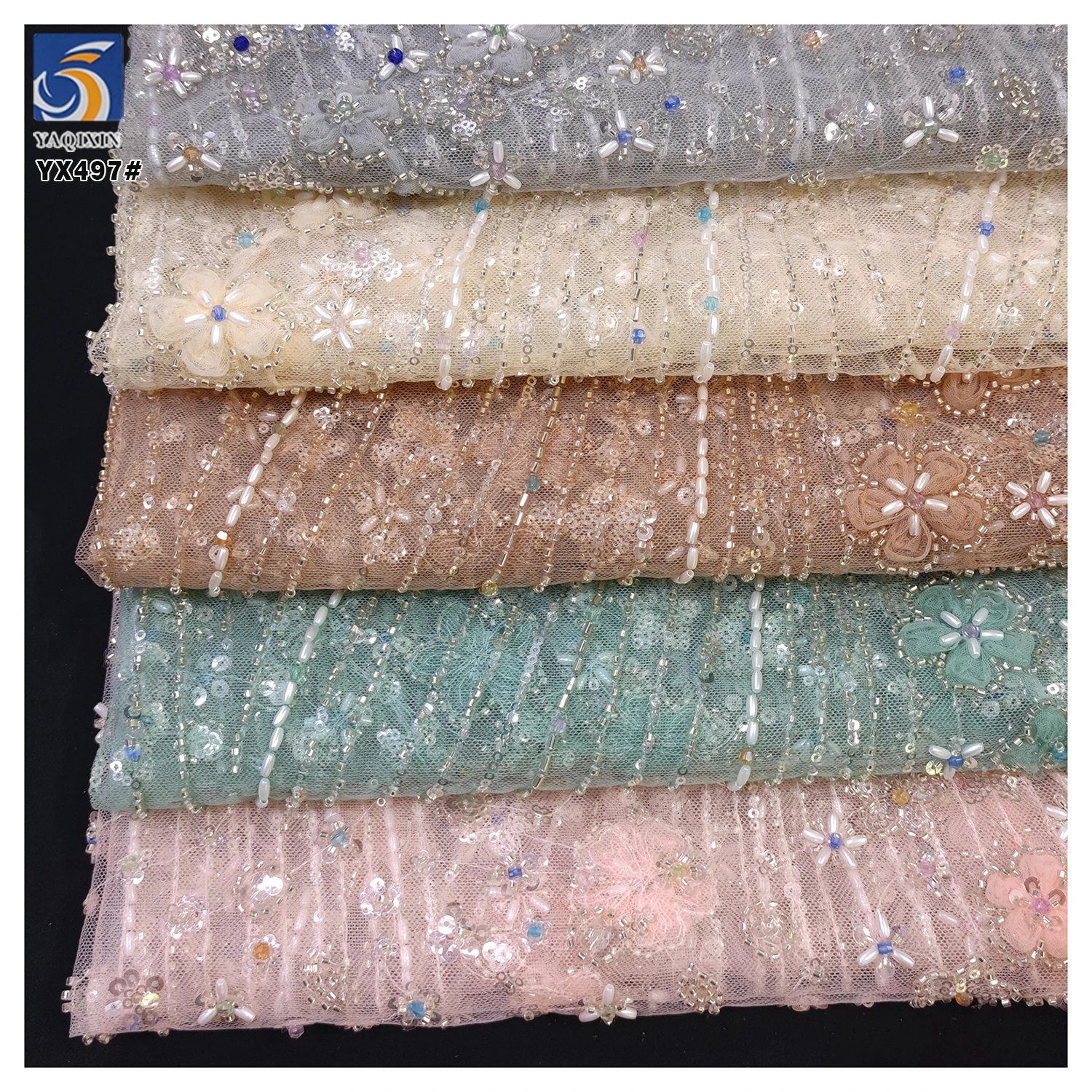 YX497 Wedding Beige Knitted Mesh Lace Fabric Beaded Tube Sequin Floral Embroidered Mesh Tulle Net Fabric - 图片 5