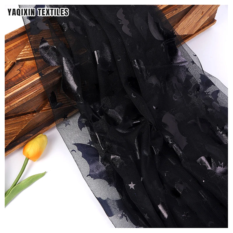 YX2235 Best Selling Halloween/Spooky Style Dark Night Bat Printed Mesh Fabric Black Polyester Mesh Skirts Fabric Stage Costumes - 图片 4