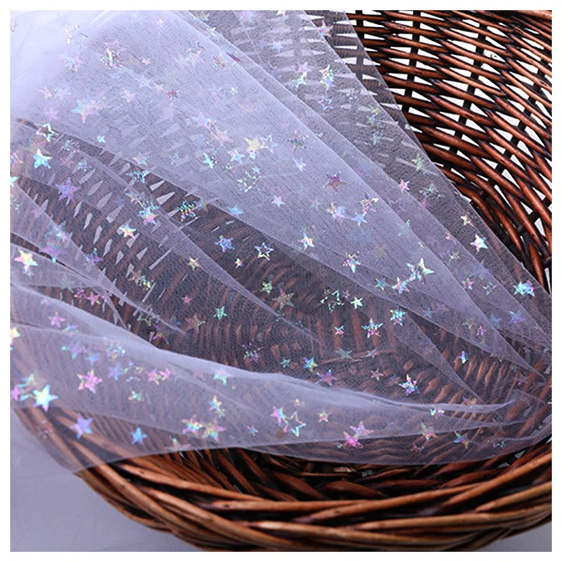 DX131 Wholesale 100 Polyester Star Foil Print Shiny Tulle Fabric 30 Yards Cheap Price Tulle Stars Fabric