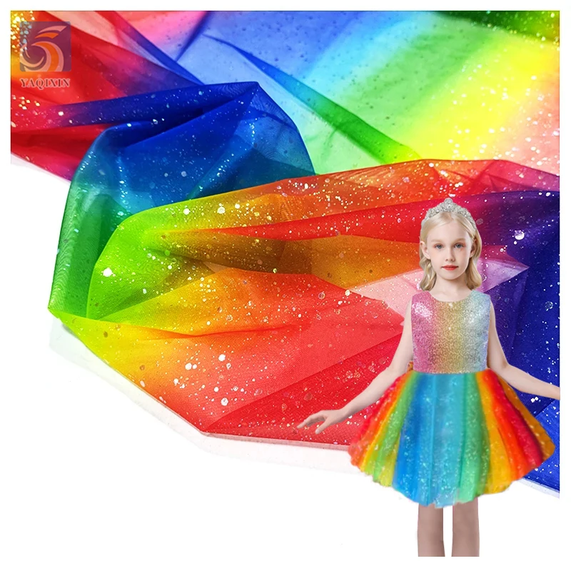 YX2043 Colourful Print Rainbow Fabric Tulle Glitter Gradient Fabric Girl Tutu Dress Fabric