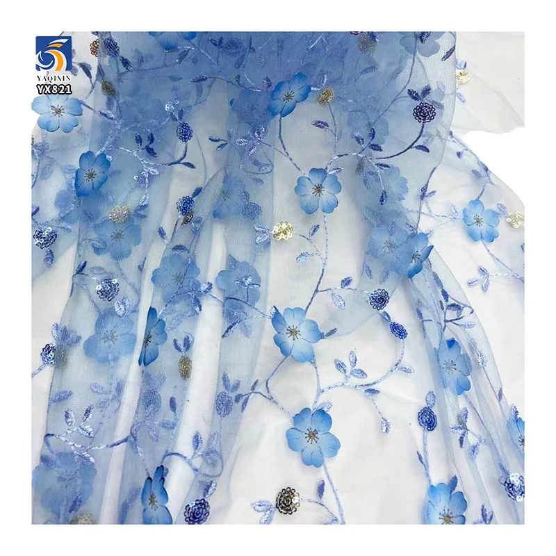 YX821 Purple Romantic Style 3D Small Florals Embroidery and Sequins Mesh Tulle Fabric for Girls Skirts Clothing Toys - 图片 4