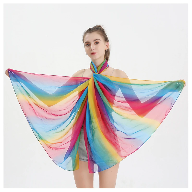 YX2144 New Arrival Gradient Rainbow Print Like Silk Scarf 100cm*180cm Oversized Travel Beach Chiffon Hijab Scarf Summer