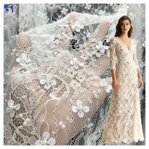 YX1029 Factory High-Quality Eyelash White Lace Fabrics With Heavy Beads and Sequins Embroidery Lace Fabric for Bridal Gown