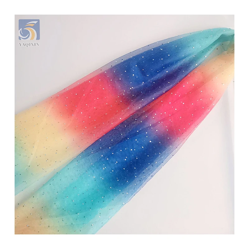YX2691 Ready Stock Multi-Color Rainbow Digital Printing Ombre Rhinestone Tulle Fabric Mesh With 3D Beads - 图片 5