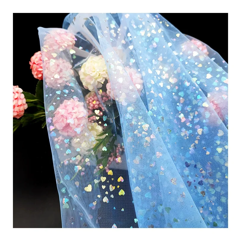 KT13 100% Polyester Solid Blue Tulle Fabric with Heart Color Foil Print Tulle Mesh Fabric for Clothing - 图片 3