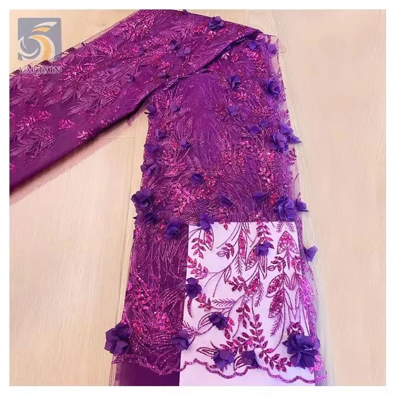 Direct Sales Wholesale Price 3D Flower Lace Fabric Bridal Nigerian African Purple Crystal Glitter Lace Sequins Fabric Mesh - 图片 3