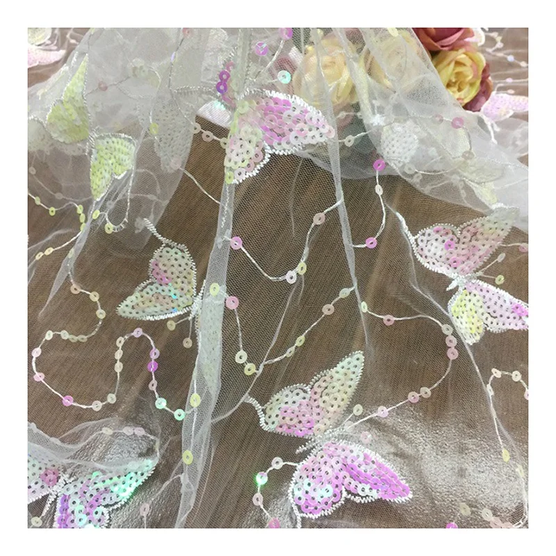 SCX005 Multicolor Gradient Sequins Embroidered Tulle Mesh Lace Fabric Women's Spring Dress Fabric - 图片 6